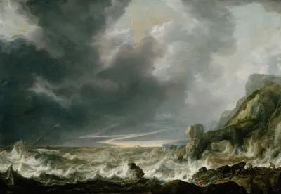 Ship In Distress Off A Rocky Coast