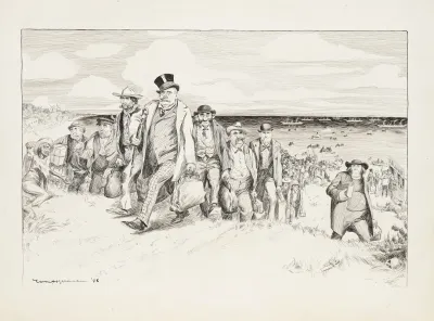 Shiploads Of Men Possibly Irish Land On A Shore The First Place Many Stop Is A Saloon