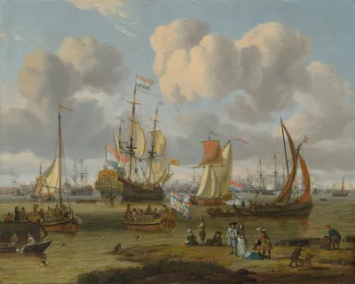 Shipping Off Amsterdam With Figures On A Quay