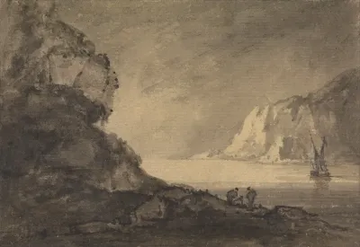Shipping Scene With Three Figures On Shore