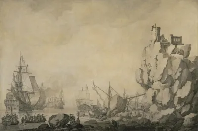 Ships And Militia By A Rocky Shore