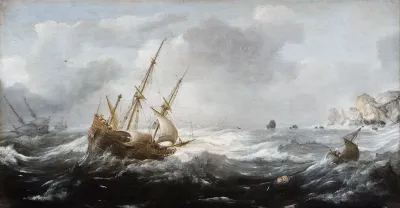 Ships In A Storm On A Rocky Coast