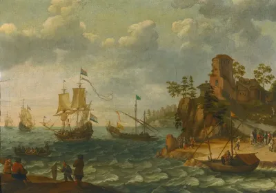 Ships Moored Off A Rocky Coastline With Fishermen Unloading Their Catch