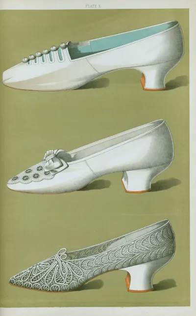 Shoe Of White Silk With Small Netted Buttons Resting On Straps White Satin Shoe Embroidered In Crystal Beads And Silk Twis