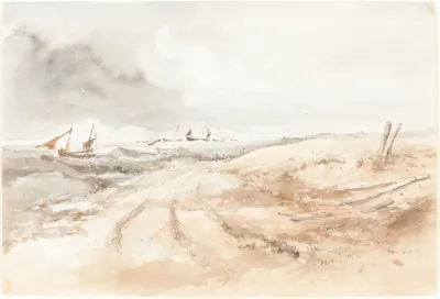 Shore Scene With Boats In Choppy Water