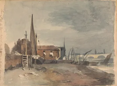 Shore Scene With Buildings And Boats