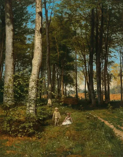 Siblings Resting On A Forest Path In The Summer