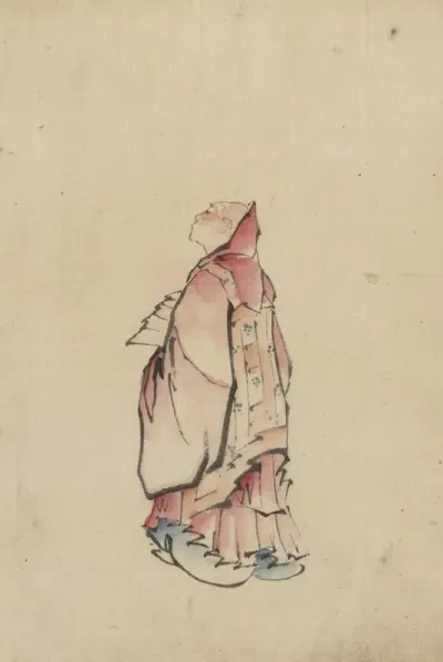 Side View Of A Monk Full Length Portrait Facing Left Wearing Gown With Hood