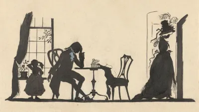 Silhouet Van De Familie En De Vrouw Die Vertrekt