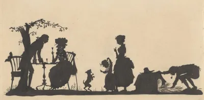 Silhouet Van Een Familie In De Tuin Met De Meid En Tuinman