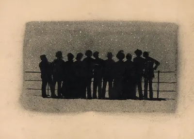 Silhouettes Of Eleven Figures Standing By The Rail Of A Ship Looking At The Stars