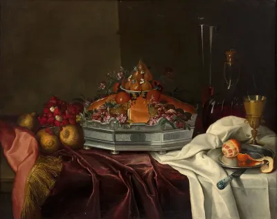 Silver Epergne With Candied Fruits And Brioche Wild Strawberries And Carafe On An Entablure