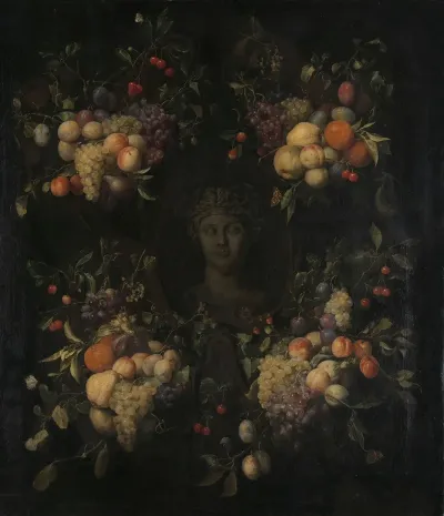 Simulated Sculpted Head Of A Woman In A Cartouche Decorated With Swags Of Fruit