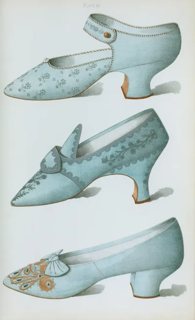 Single Strap Shoe In French Grey Satin And Two Blue Shoes All Embroidered