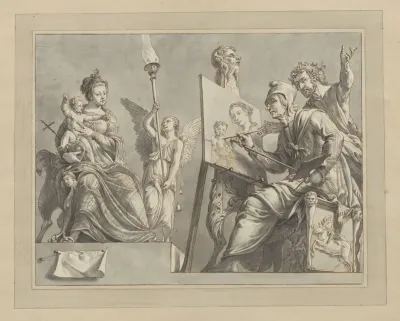 Sint Lucas Schildert Maria Met Het Kind Jezus Staand Op Haar Schoot