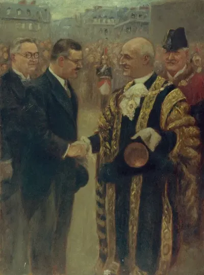 Sir George Broadbridge Lord Maire De Londres Serre La Main M Raymond Laurent President Du Conseil Municipal