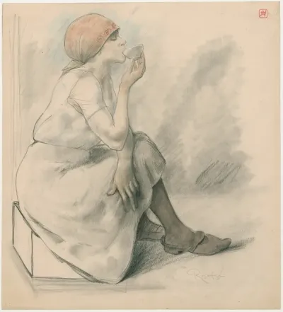 Sitting Girl Drinking From A Bowl 2