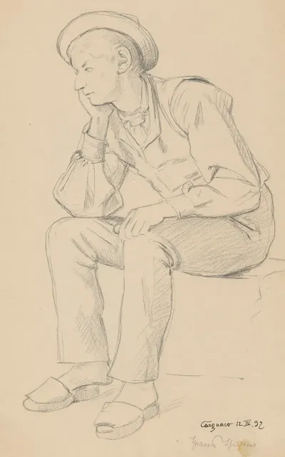 Sitting Italian Boy From The Vicinity Of Cargnaco In A Hat And Clogs