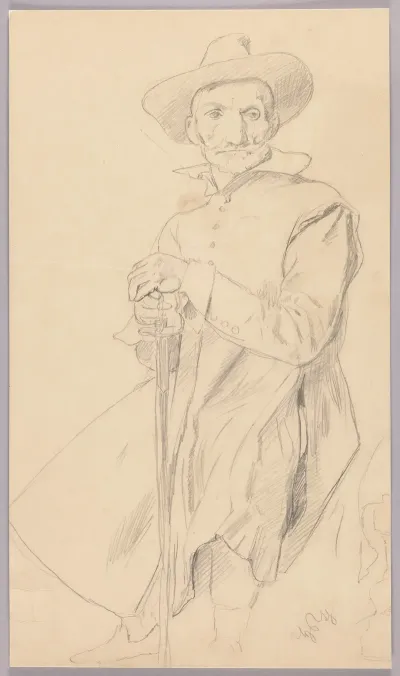 Sitting Man In Historical Garb With His Hands Resting On A Sword