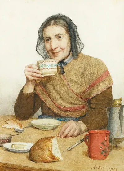 Sitting Peasant Woman Holding A Cup In Her Hand