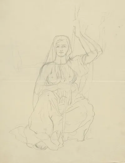 Sitting Woman In A Long Antiquate Robe Holding A Stick In Her Hands Design For A Bookplate