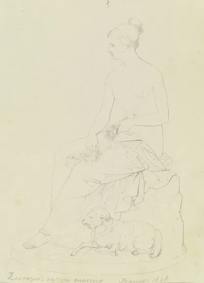 Sitzende Weibliche Figur Mit Blumen In Den Handen Zu Ihren Fusen Ein Lamm