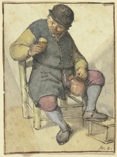 Sitzender Bauer Von Vorn Mit Krug Und Glas