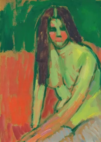 Sitzender Halbakt Geneigt Mit Langen Haaren Half Nude Figure With Long Hair Sitting Bent