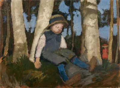 Sitzender Junge Mit Strohhut Unter Birken