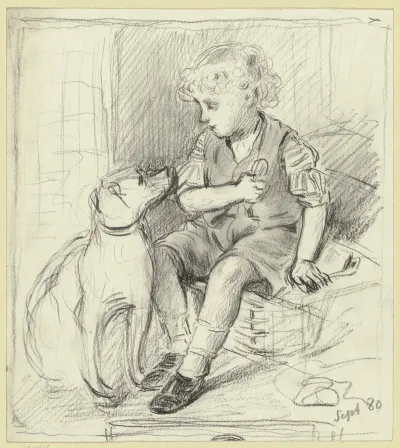 Sitzender Knabe Mit Sitzendem Hund 2