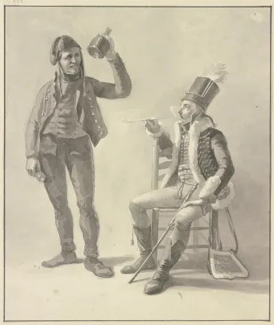 Sitzender Rauchender Husar Dabei Der Wirt Mit Flasche Und Glas