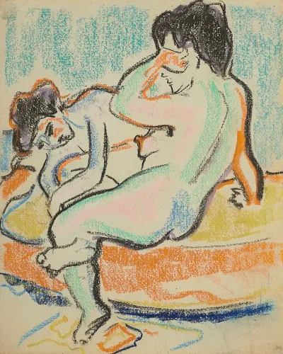Sitzender Und Liegender Akt Auf Bett