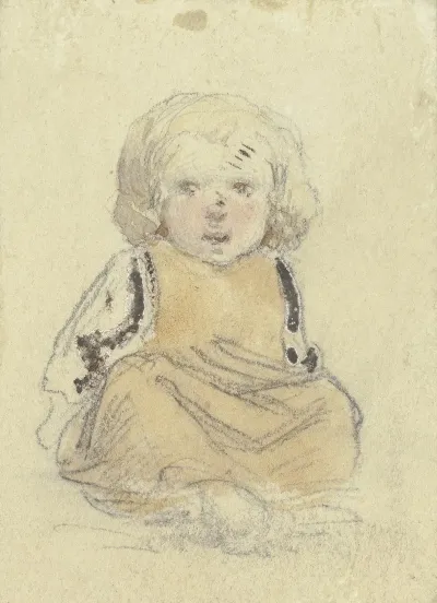 Sitzendes Kleines Blondes Kind In Gelbem Kleidchen Von Vorn