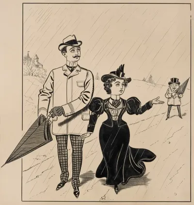 Six Comic Strip Frames Of Two Chivalrous Men With Woman In Rain Storm Pl 2