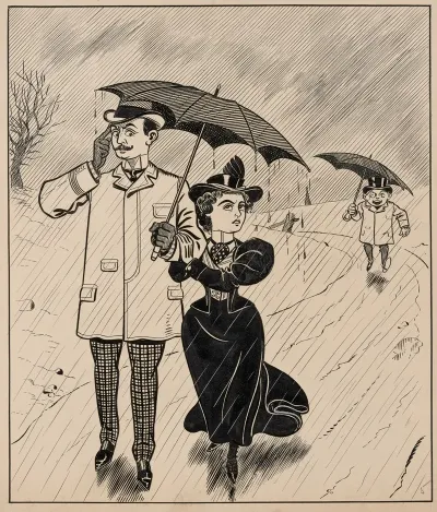 Six Comic Strip Frames Of Two Chivalrous Men With Woman In Rain Storm Pl 5