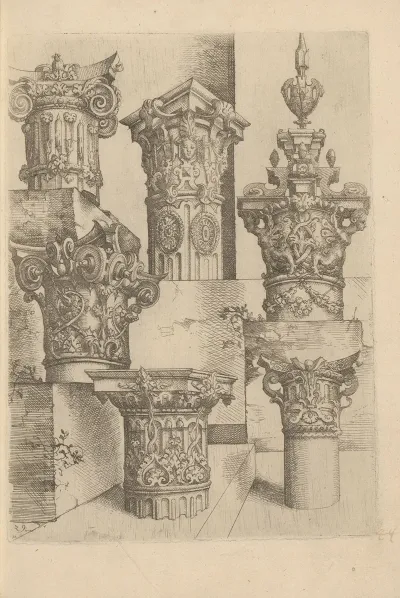 Six Composite Capitals Decorated With Harpies Garlands And Scrollwork
