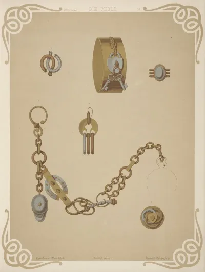 Six Designs For Jewelry Including Gold Bracelet With Design Of Lock And Two Keys