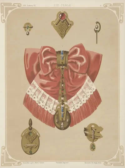 Six Designs For Jewelry Including Gold Brooch And Pendant With Pink And Lace Bow
