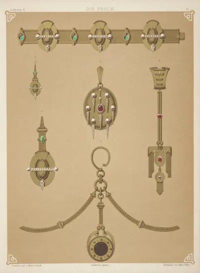 Six Designs For Jewelry Including Gold Brooch With Central Red Stone Pearls And Diamonds