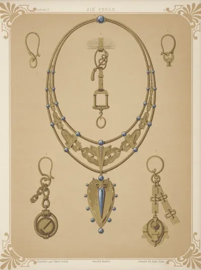 Six Designs For Jewelry Including Large Necklace With Gold Pendant With Blue Stones