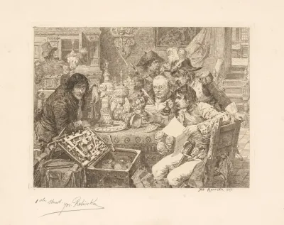 Six Men In An Interior Around A Table Viewing Lavish Tableware