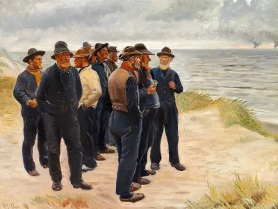Skagensfiskere Pa Stranden Skuer Ud Over Havet