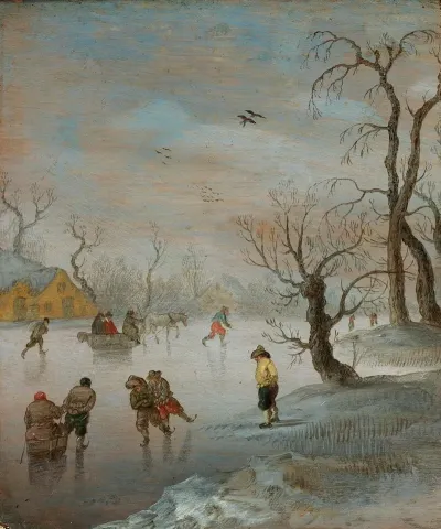 Skaters And A Horse Drawn Sledge On A Frozen Waterway