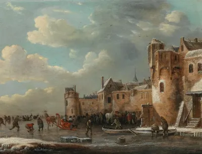 Skaters And A Horse Drawn Sleigh On The Ice Outside A Walled Town