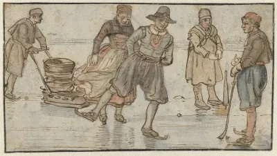 Skaters On The Ice A Man Pushing A Sledge And A Kolf Player