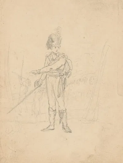 Sketch Of A An Officer Holding Sword Wearing Sasha And Busby