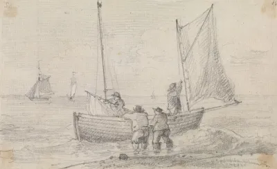 Sketch Of A Group Preparing The Sails Near The Shore Hastings