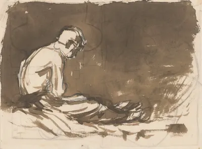 Sketch Of A Man Sitting Half Naked From A Side View In Prison I