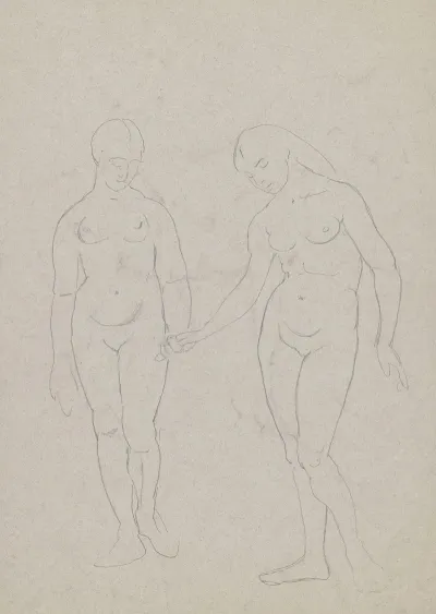 Sketch Of A Naked Young Man On Horseback Depicted In Profile Horse Head In The Back
