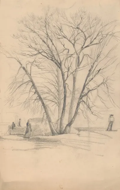 Sketch Of A Tree In Winter Beside A Boulder At Waters Edge A Man Fishes From A Wharf In The Background